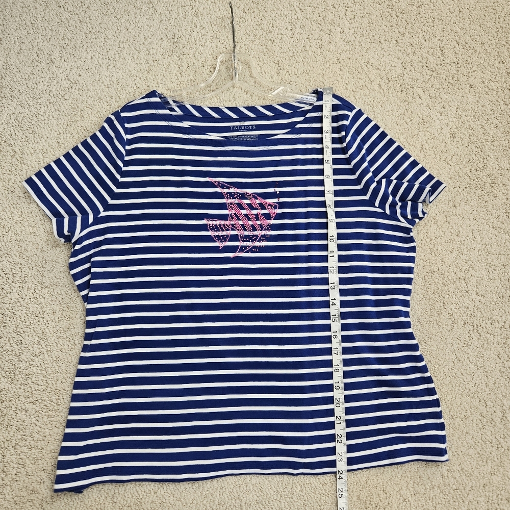 Talbots Short Sleeve Shirt Blue White Stripe Beaded Pink Fish Coastal Beach 2x - Picture 6 of 6